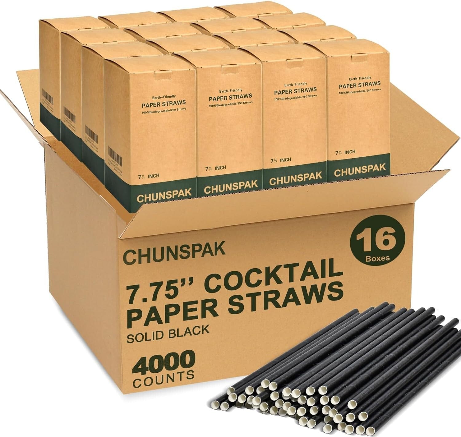 Classic Solid Black 7.75 Inch Drinking Straws - Biodegradable Bulk Case of 4000