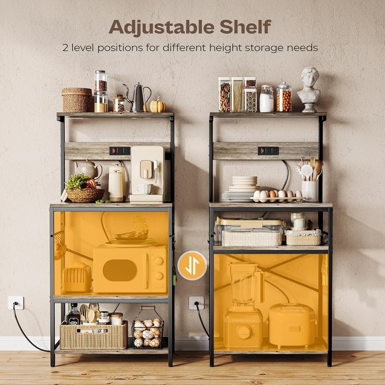 Versatile Kitchen Bakers Rack with Power Outlets & 6 Hooks for Easy Organization