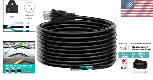 Flexible 15 FT 12 Gauge 3 Prong Extension Cord with Open Wiring End - DIY Usage