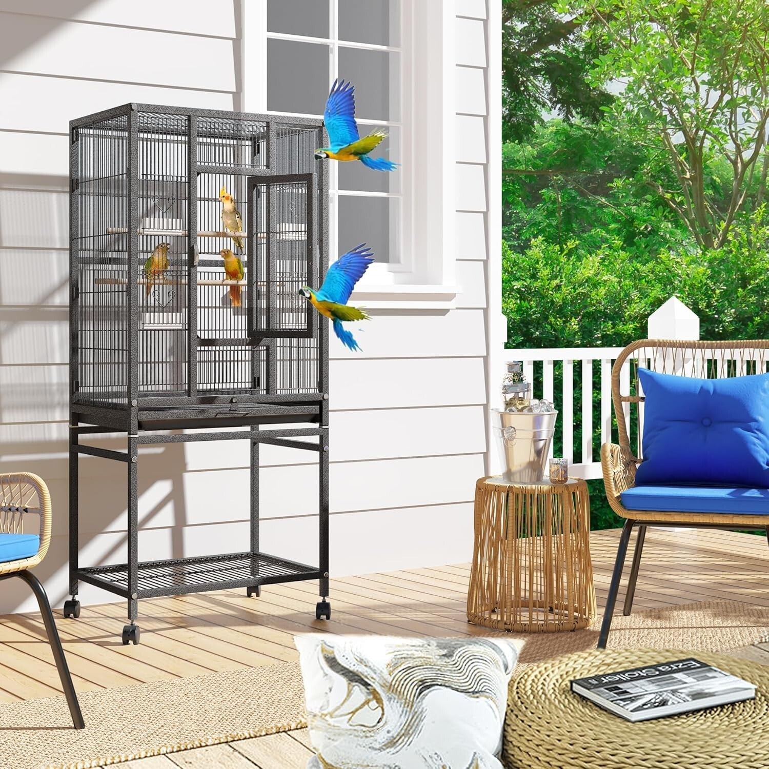 Spacious Bird Cage with Secure Lock, Seed Catcher & Storage - Ideal for Parrots