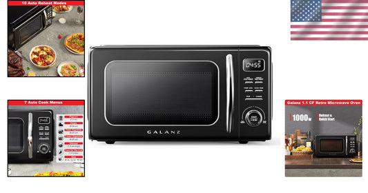 1.1 cu ft Retro Microwave with Auto Programs & Easy Clean Glass Turntable, Black