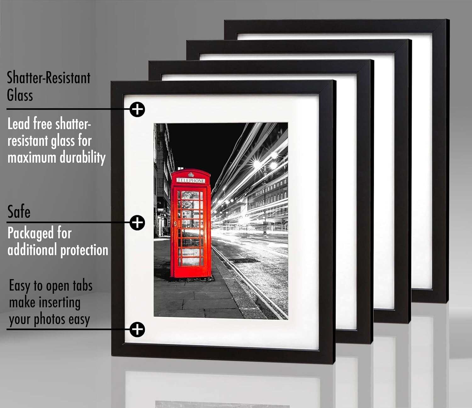 Elegant 11x14 Picture Frame Set of 4 with Shatter-Resistant Glass in Black