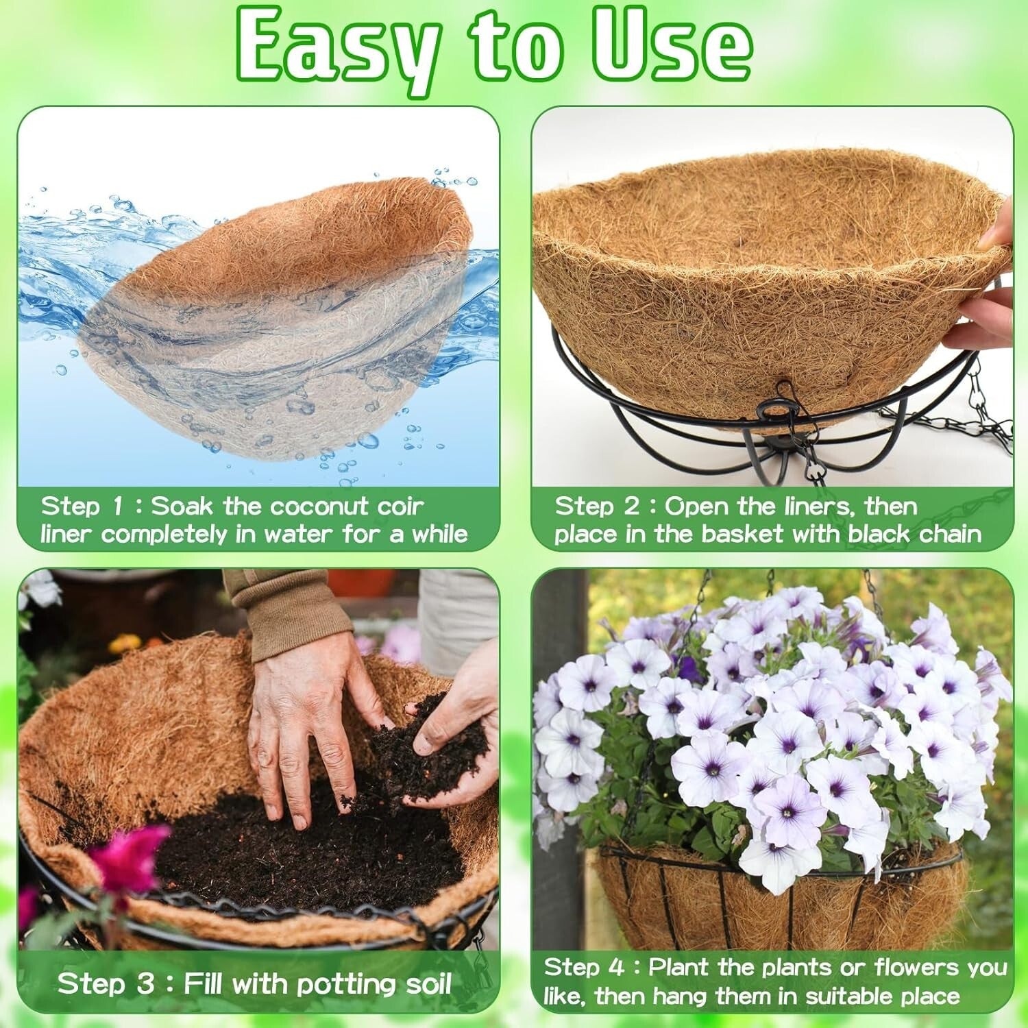 Elegant 3-Pack 16-Inch Metal Hanging Planter Baskets with Natural Coconut Liners