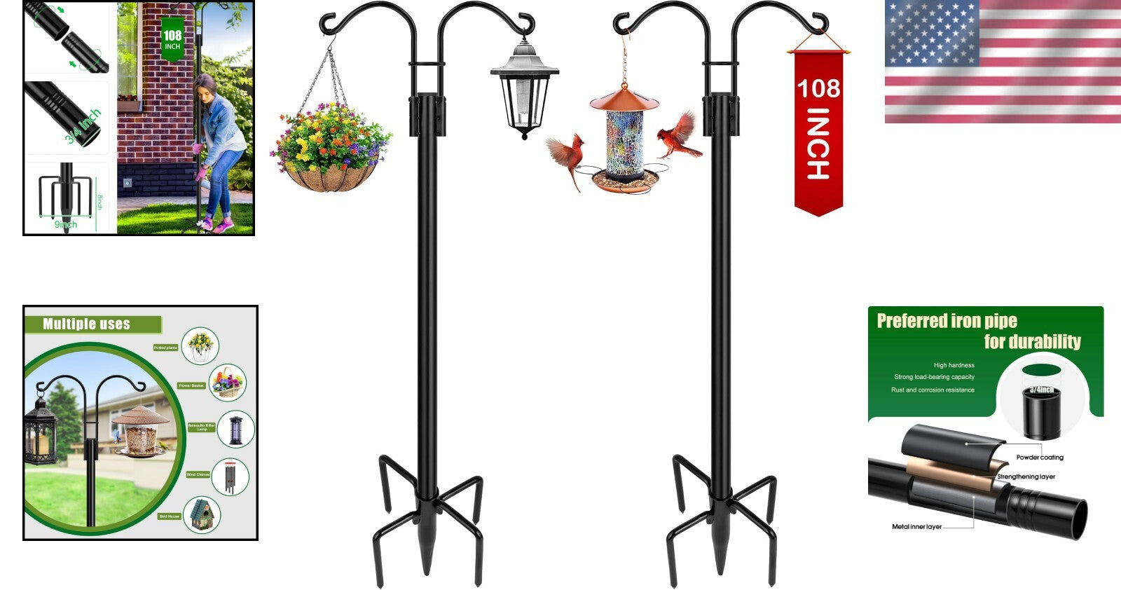 Elegant 2-Pack Heavy Duty Garden Poles with Dual Arms for Bird Feeders & Lights