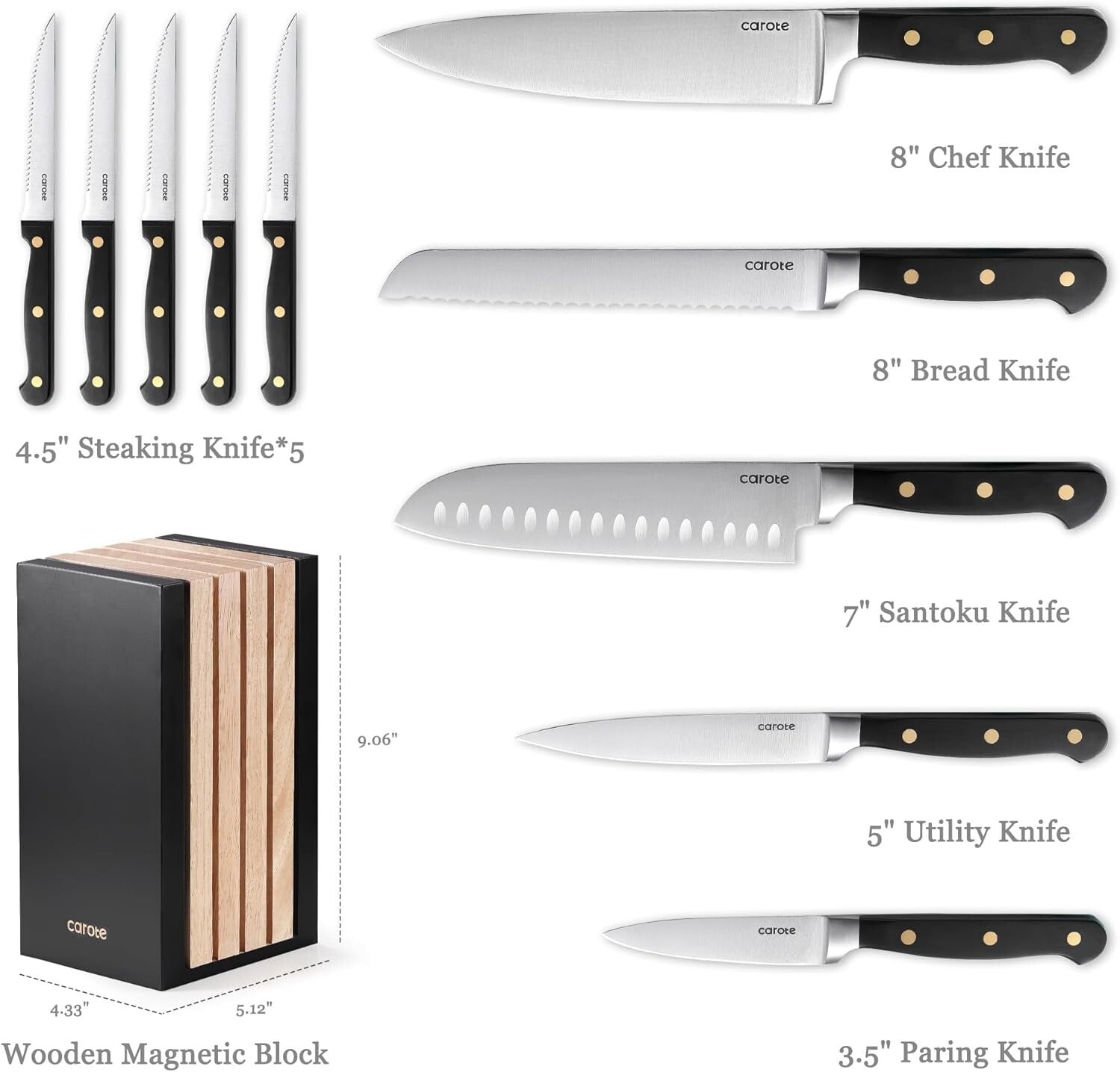 11-Piece Black Kitchen Knife Set with Magnetic Block - Razor Sharp & Ergonomic