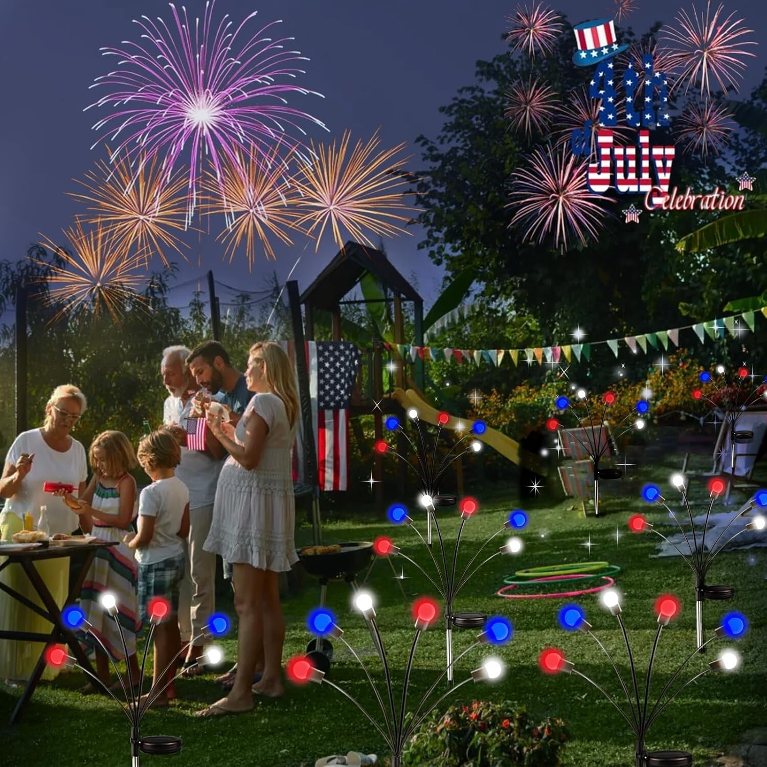 36 LED Solar Powered Red White Blue Lights with 2 Modes - Independence Day Decor