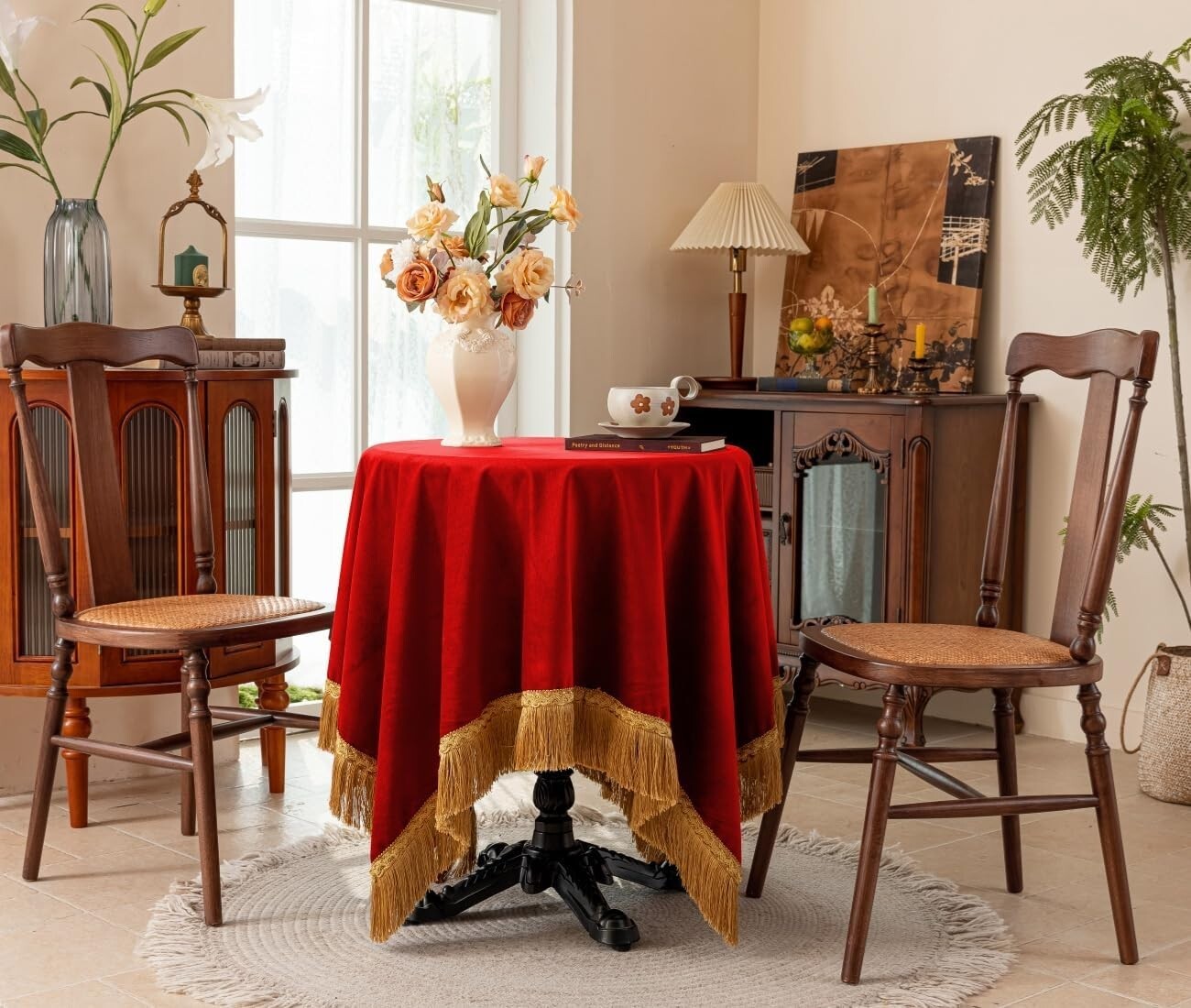 Elegant 60x120-Inch Red Velvet Tablecloth with Gold Tassel for Luxurious Dining
