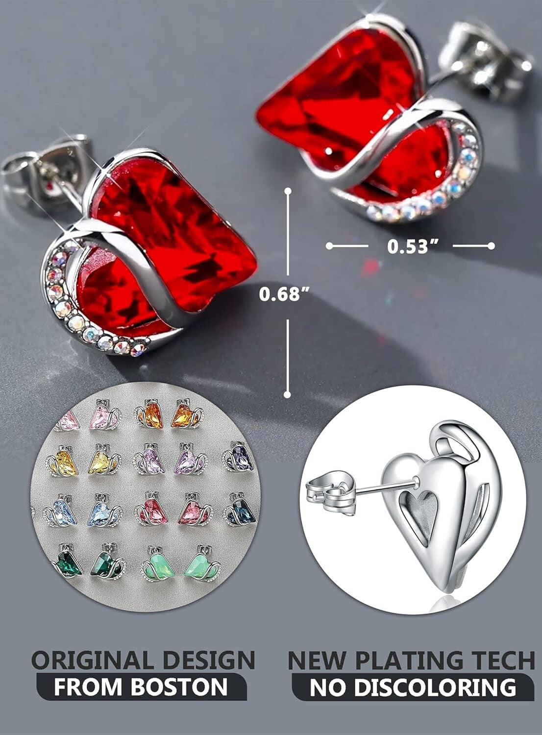 Regal Silver Plated Birthstone Earrings with Love Heart Design - June & July