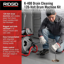 Load image into Gallery viewer, K-400 Heavy-Duty 120-Volt Drain Cleaner with Integrated Transport Cart &amp; Tools
