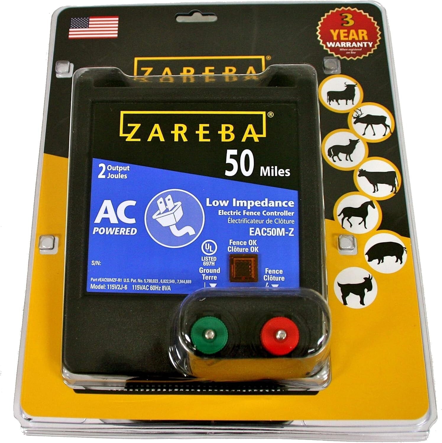 50 Mile AC-Powered Electric Fence Charger - Durable Low Impedance Energizer