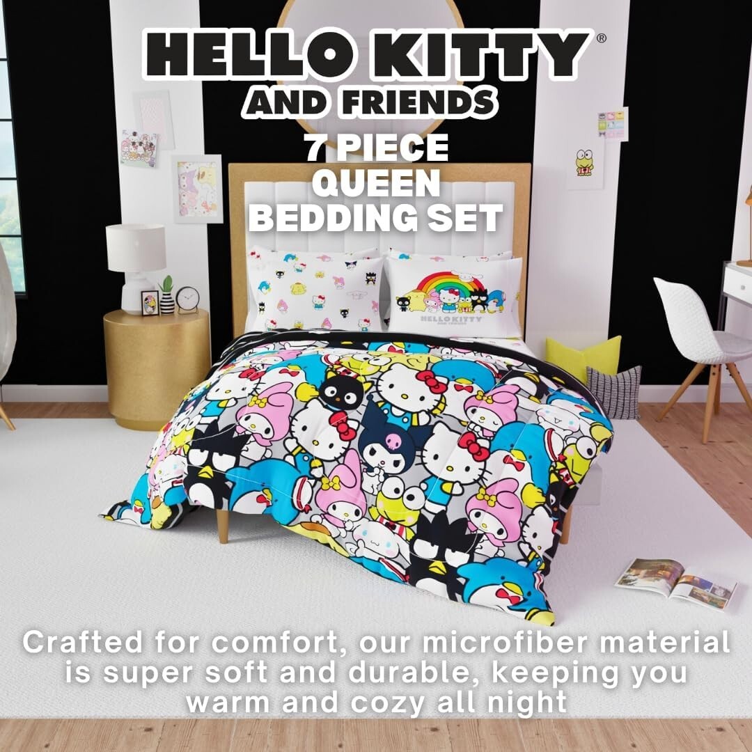 Charming Hello Kitty & Friends 7-Piece Queen Bedding - Vibrant Cartoon Design