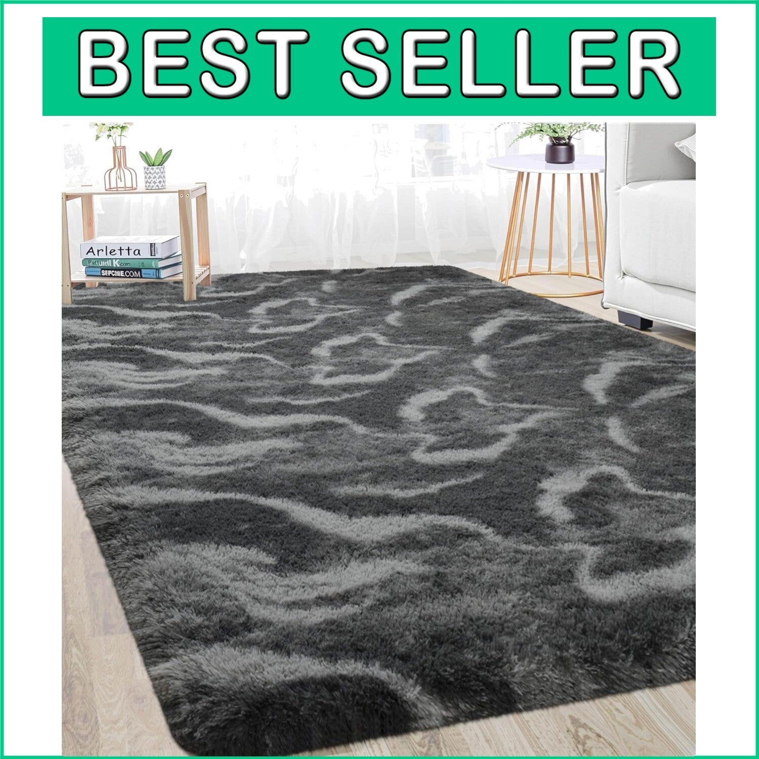 Elegant Black & White Shag Rug, 6x9 Feet Soft Velvet for Cozy Living Spaces