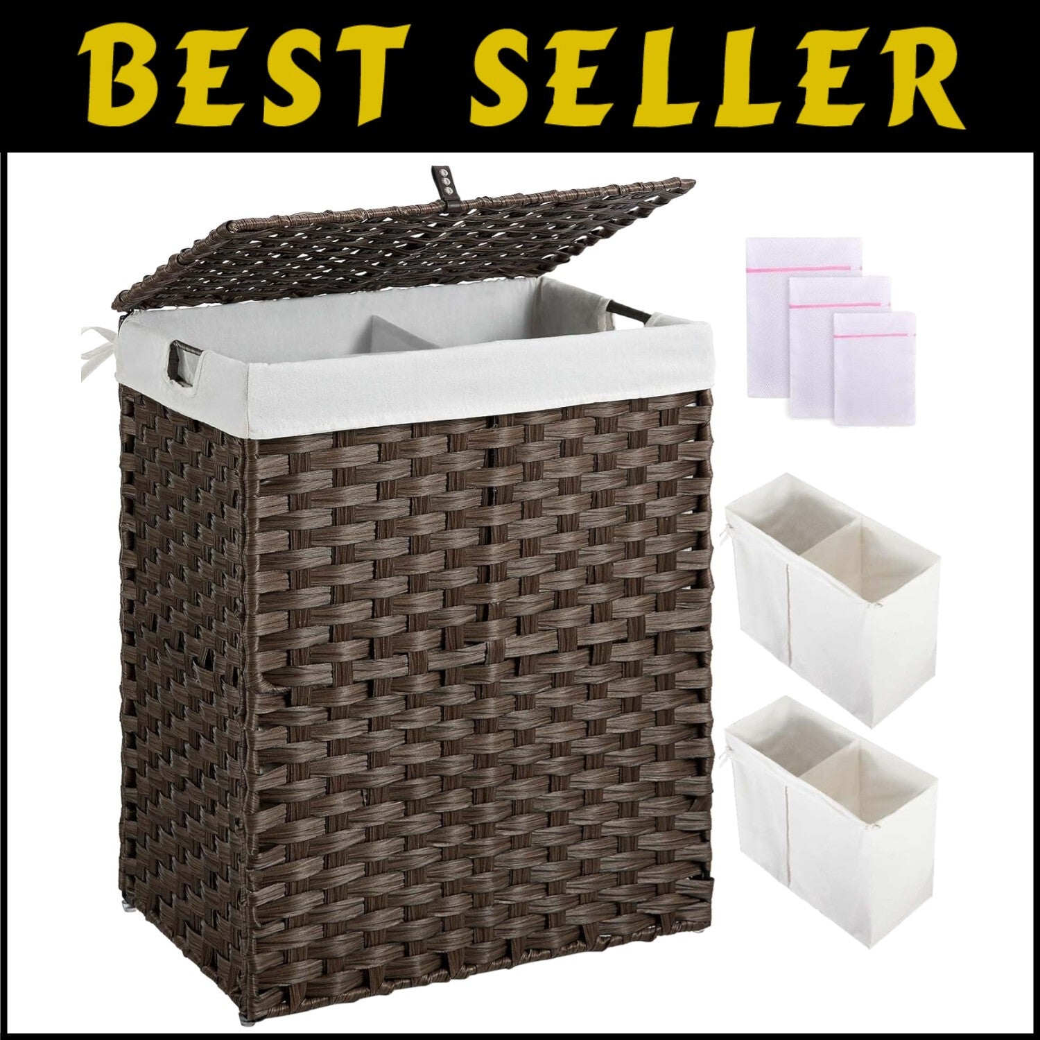 Collapsible Brown Laundry Basket with Removable Liners - No Install Needed