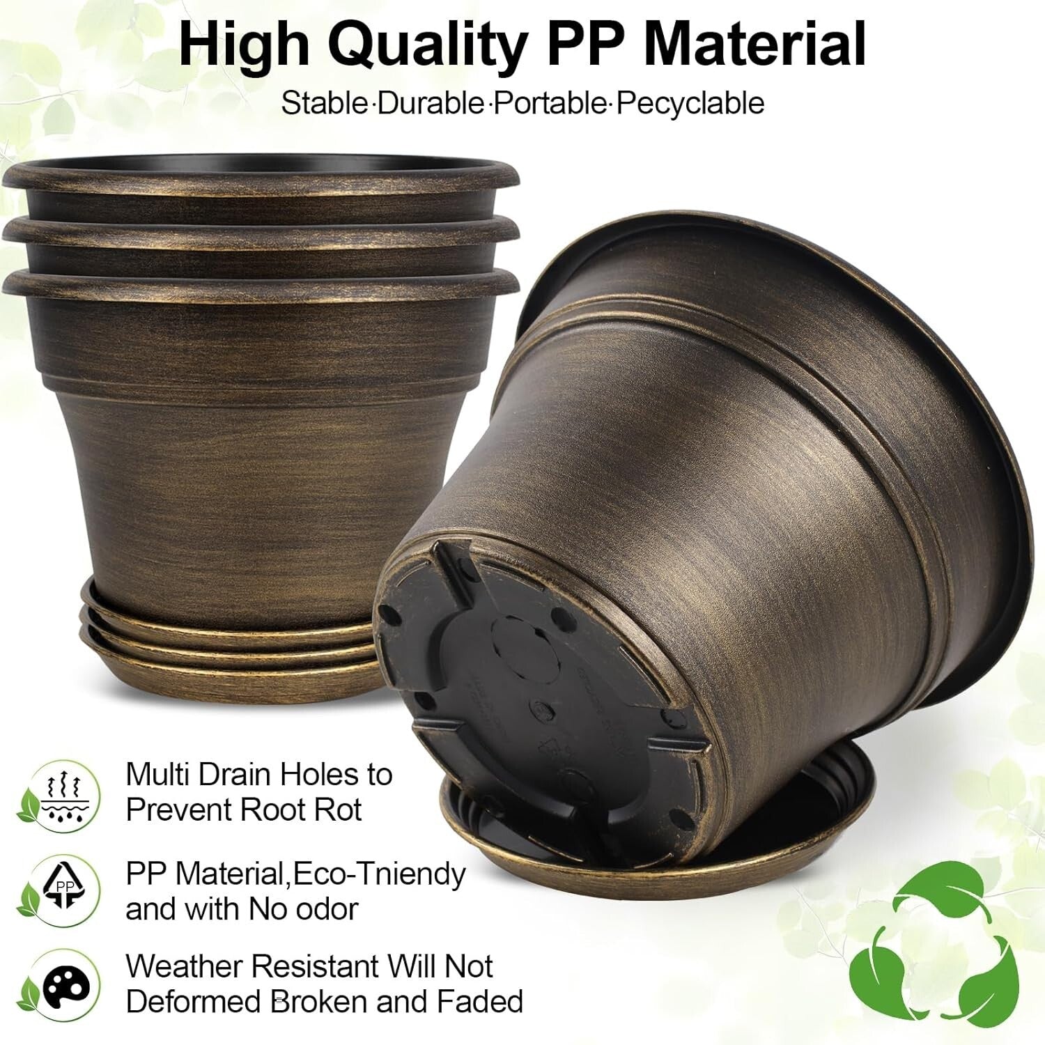 Stylish Resin Plant Pots 16-Inch with Drainage Holes - Dark Gold, Set of 4