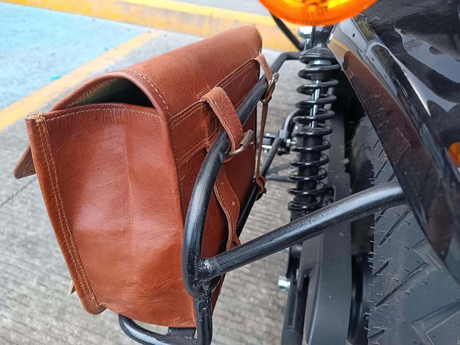 Stylish 100% Goat Leather Motorcycle Saddlebag with Adjustable Strap - 15" Wide