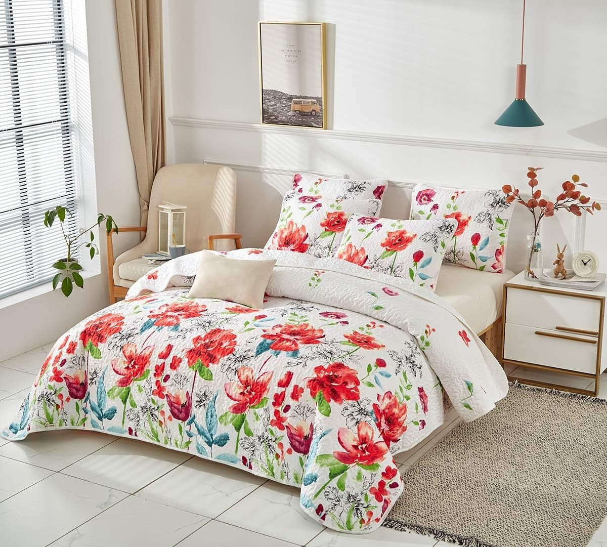 Reversible King Size Quilt Set with Floral Pattern - Summer Lightweight Comfort