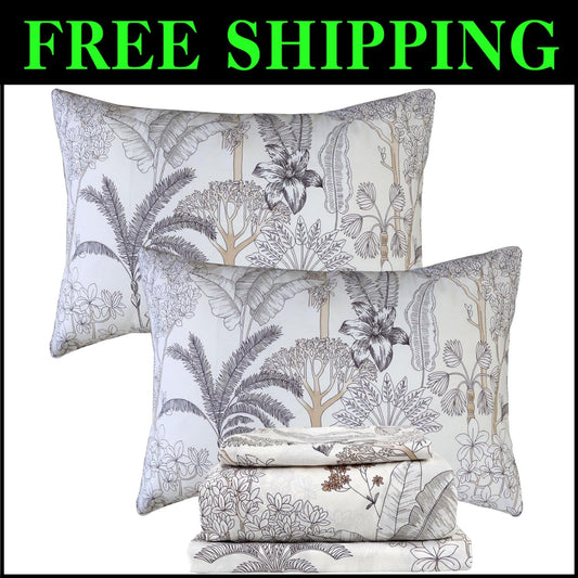 Breathable 100% Cotton Floral Sheet Set Queen – Coastal Coconut Tree Design