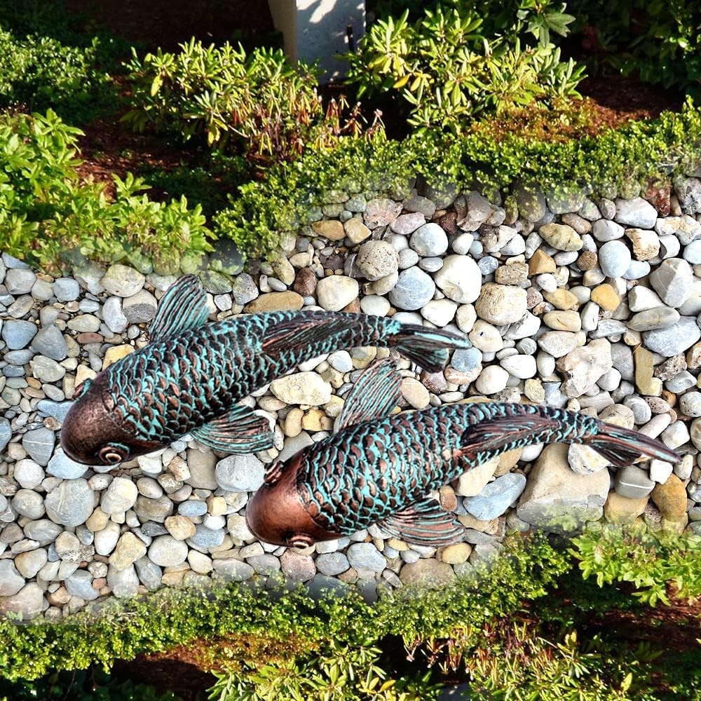 Set of 2 Antique Koi Fish Garden Sculptures - Elegant Resin Statues for Outdoors