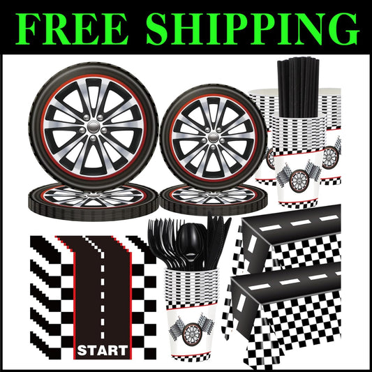 Stylish Race Car Birthday Decorations - Disposable Plates, Cups, and Cutlery Set