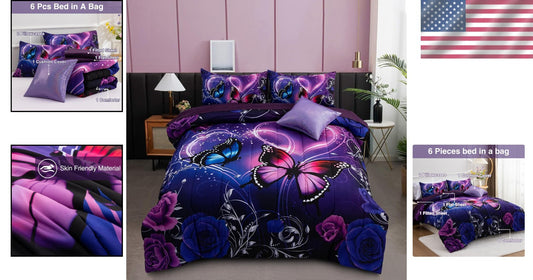 Galaxy 6pc Twin Comforter Set: Dreamy 3D Butterfly Print in Purple & Blue