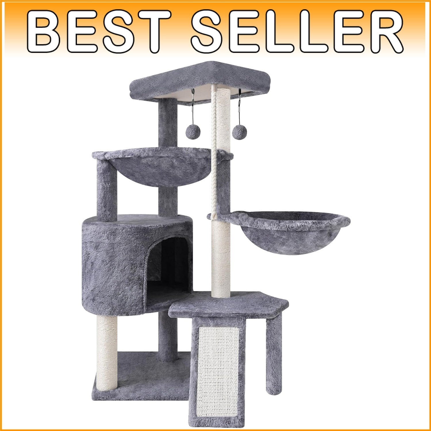 Stylish Grey Three-Level Cat Tree with Two Relaxing Hammocks & Condo Space