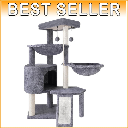 Stylish Grey Three-Level Cat Tree with Two Relaxing Hammocks & Condo Space