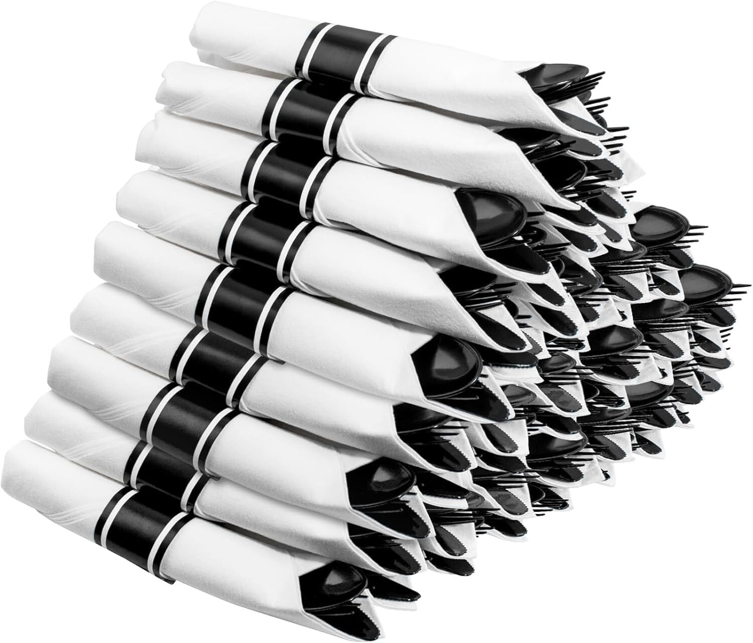 60-Pack Heavy Duty Pre-Wrapped Black Plastic Cutlery with Napkins - Elegant &...