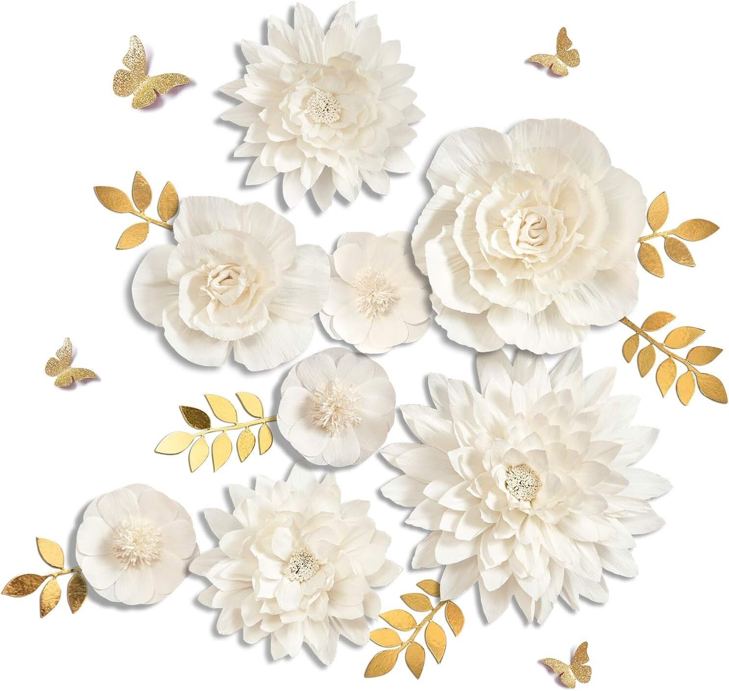 8PC White Paper Flowers with Gold Leaves & Butterflies - Perfect for Weddings