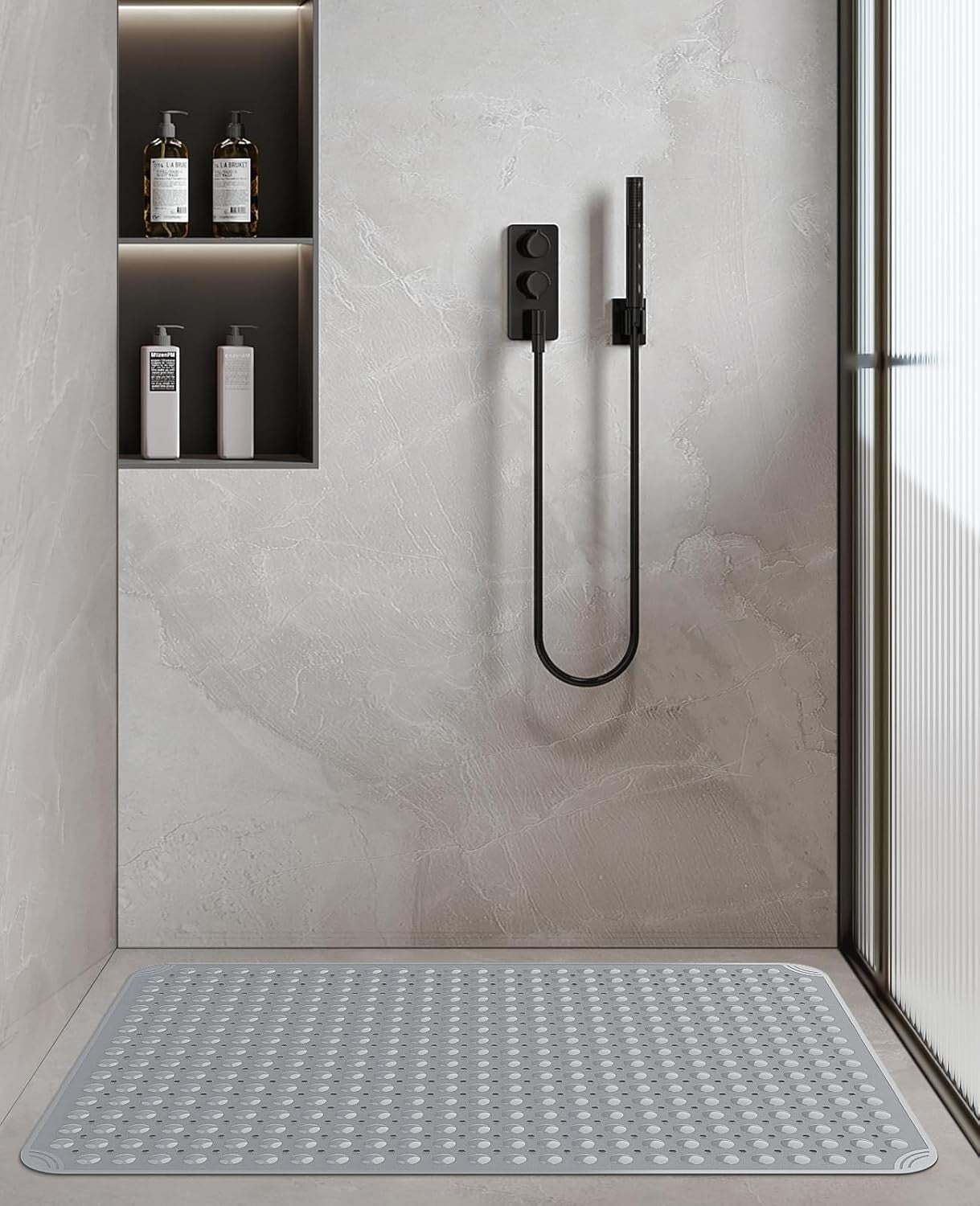 Durable Dark Grey TPE Anti-Slip Shower Mat with Suction Cups - 47.2"x31.5"