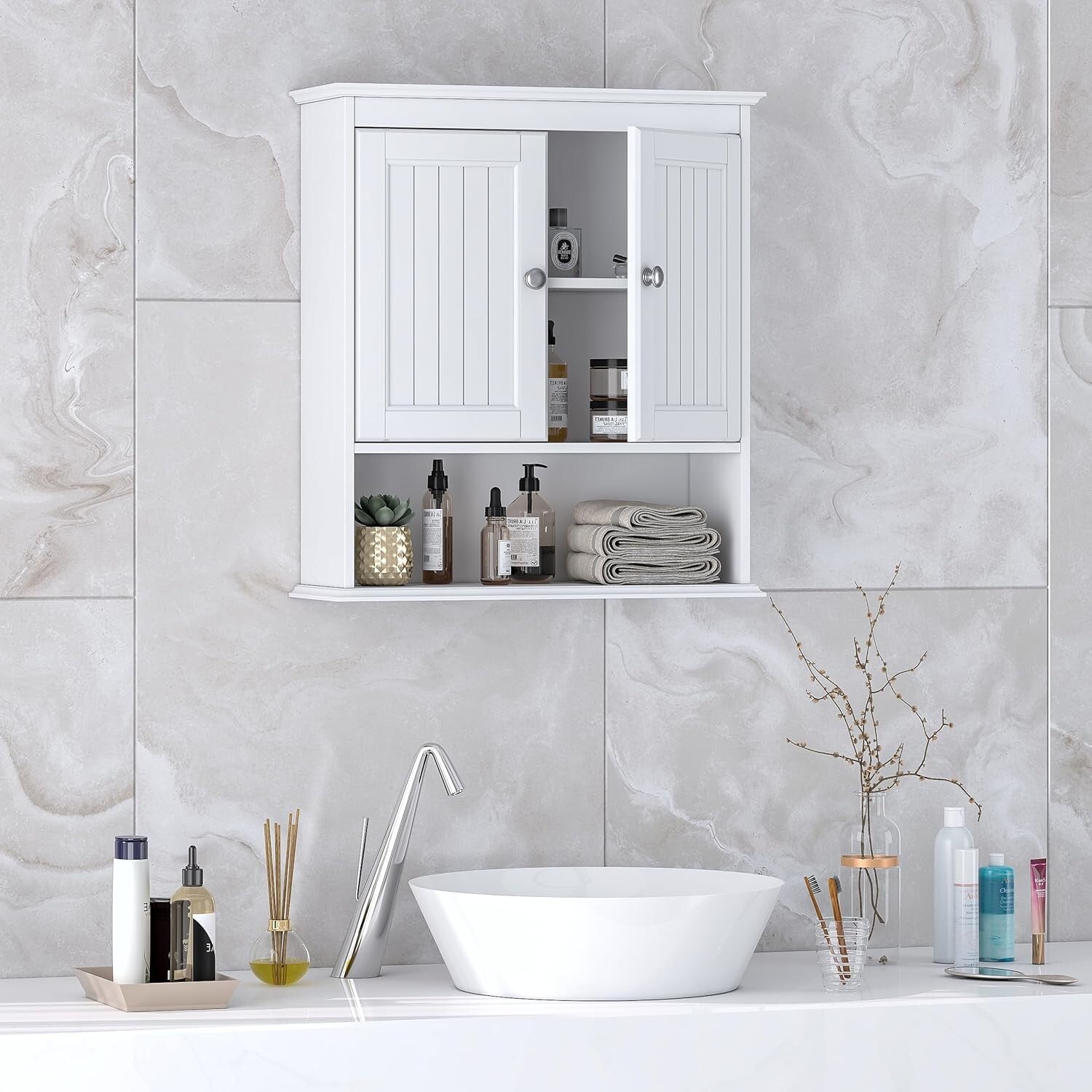 Durable Wall-Mounted Medicine Cabinet with Decorative Paneling & Nickel Handles