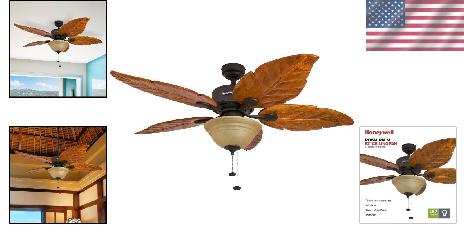 Royal Palm 52" Tropical LED Ceiling Fan with Pull Chain & Hand-Carved Blades