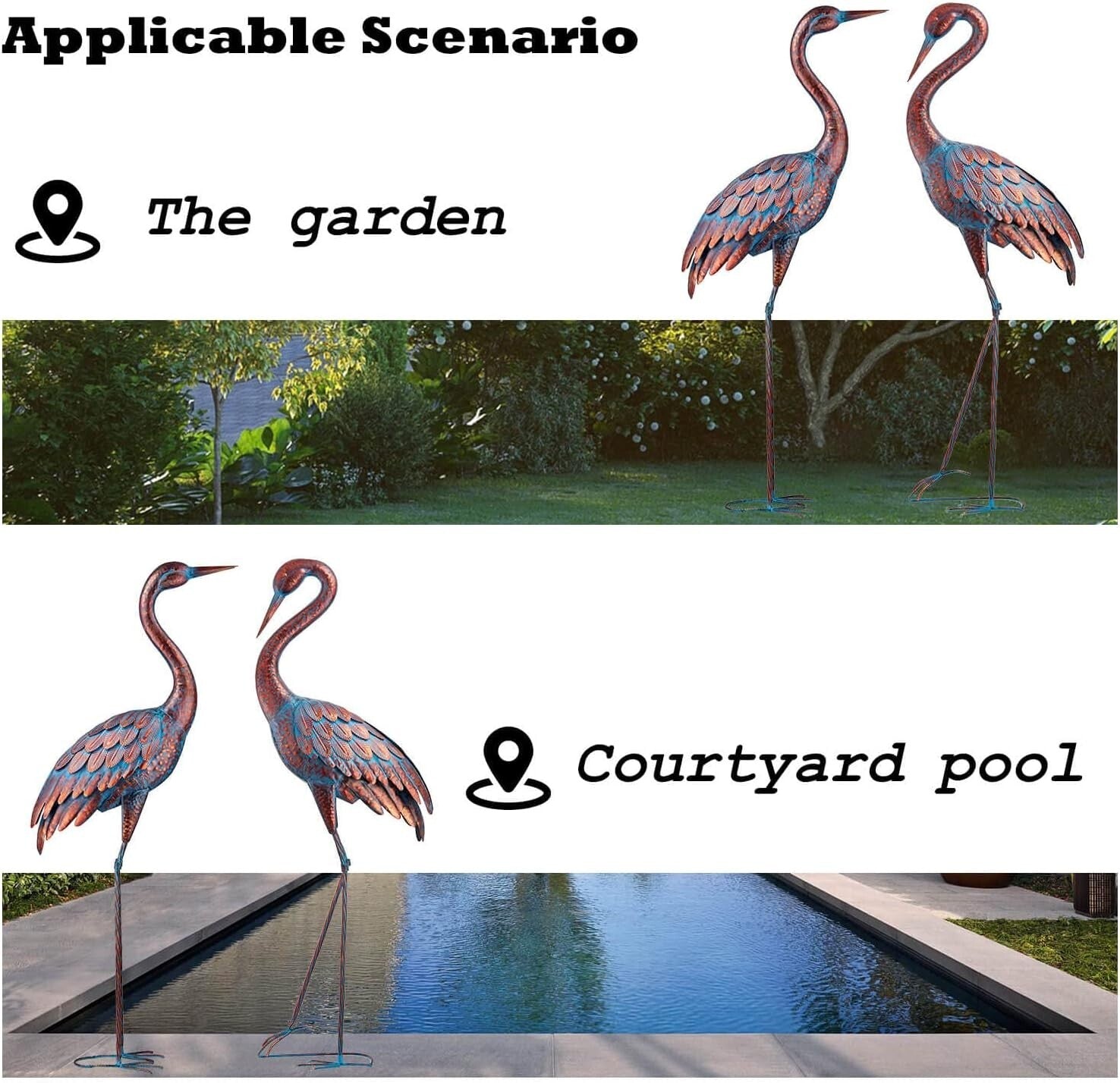 Lifelike Patina Metal Crane Sculpture Set - 47-48 Inch Yard Art Collection