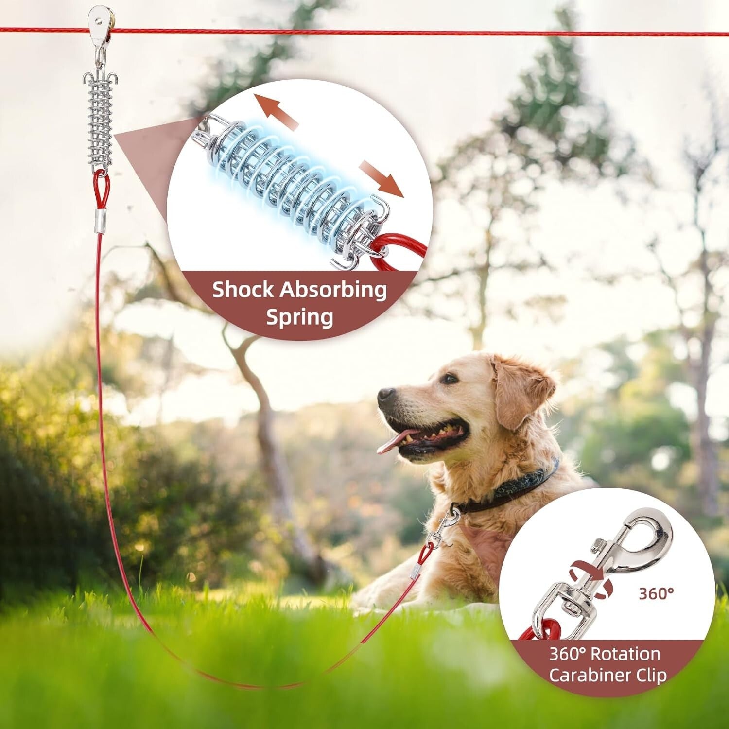 Durable Outdoor Dog Runner with Shock Absorbing Spring & Tangle-Free Clip