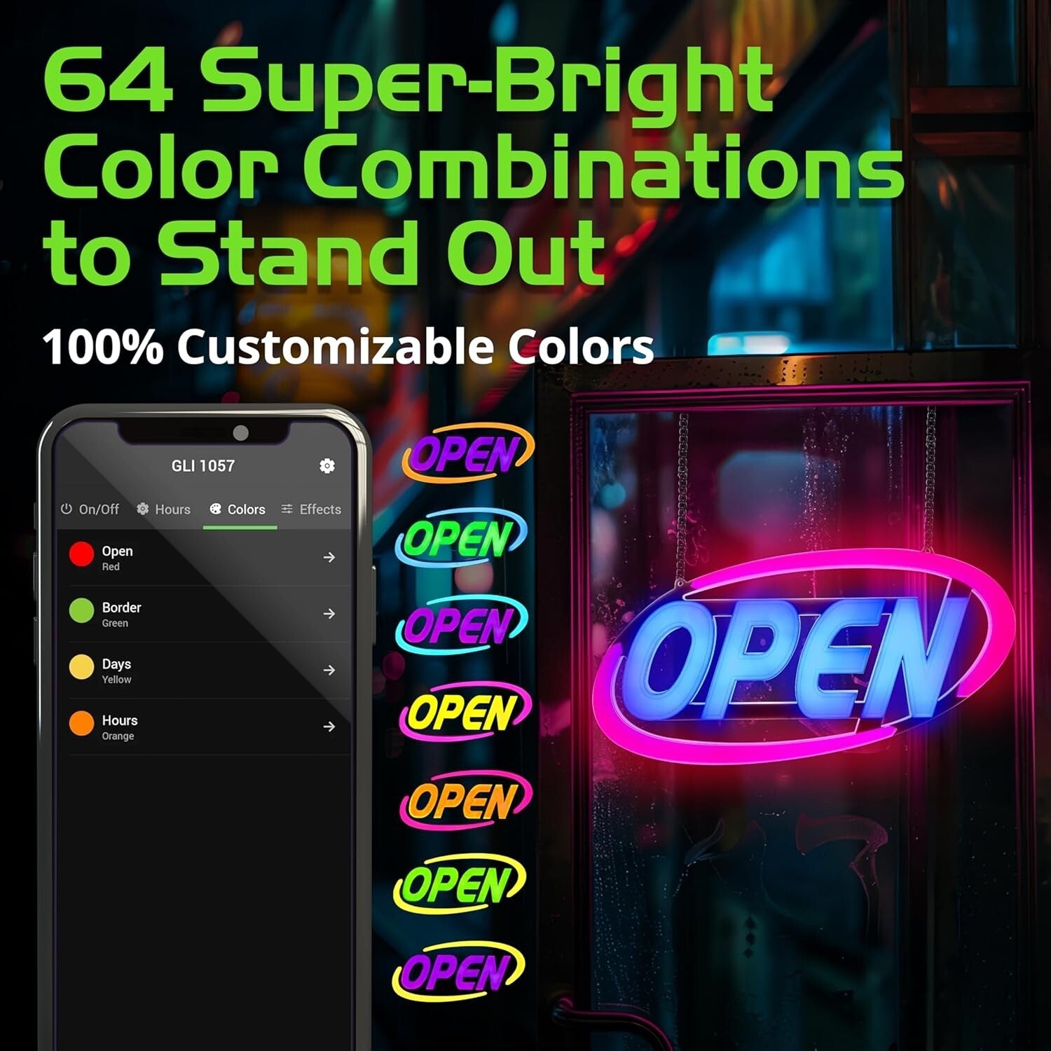 Customizable LED Open Sign - 64 Colors, App Control & Dynamic Display Functions