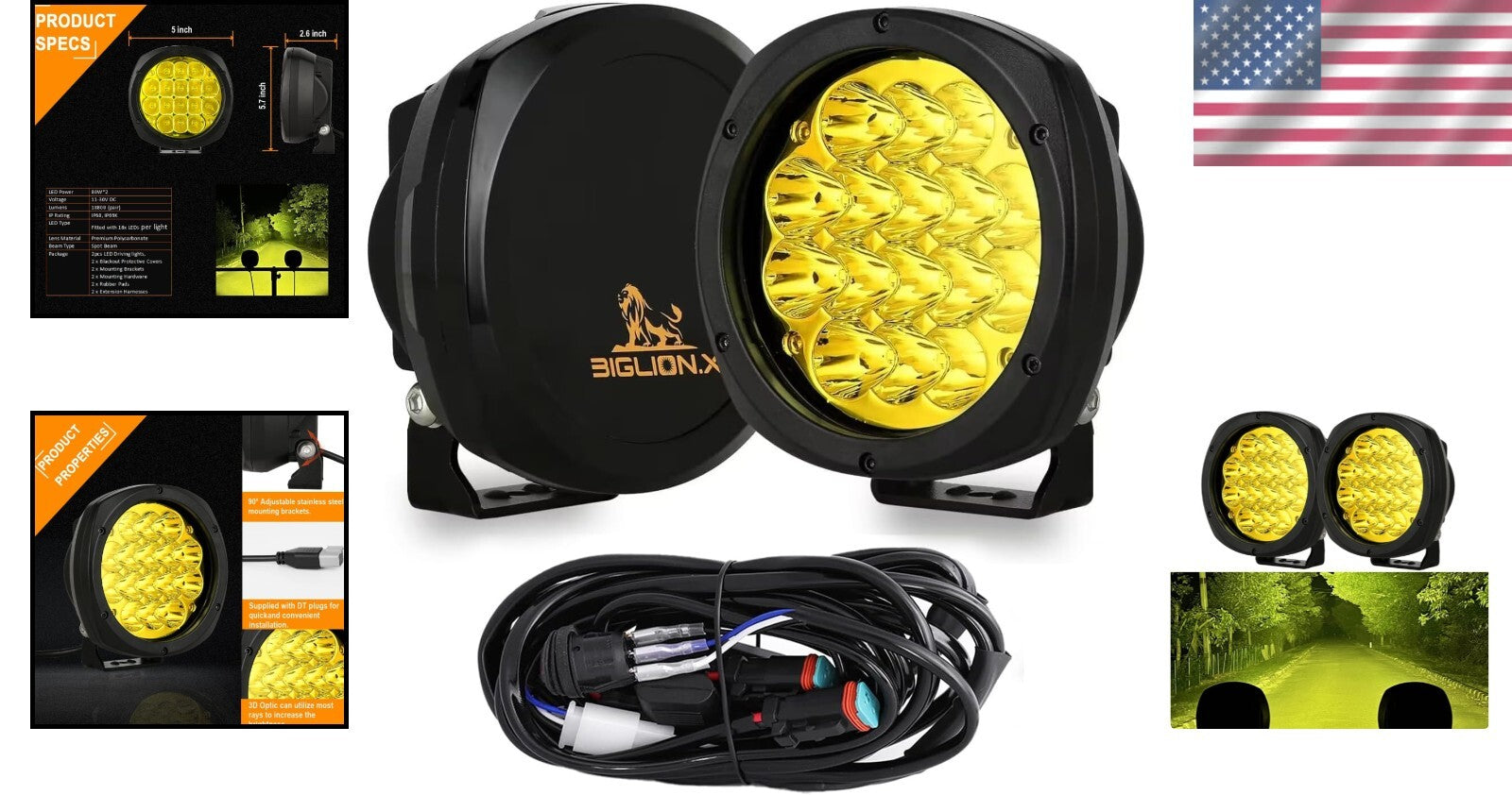 Bright 18800LM Amber Driving Lights: 5-Inch Waterproof Fog Lamps for Vehicles