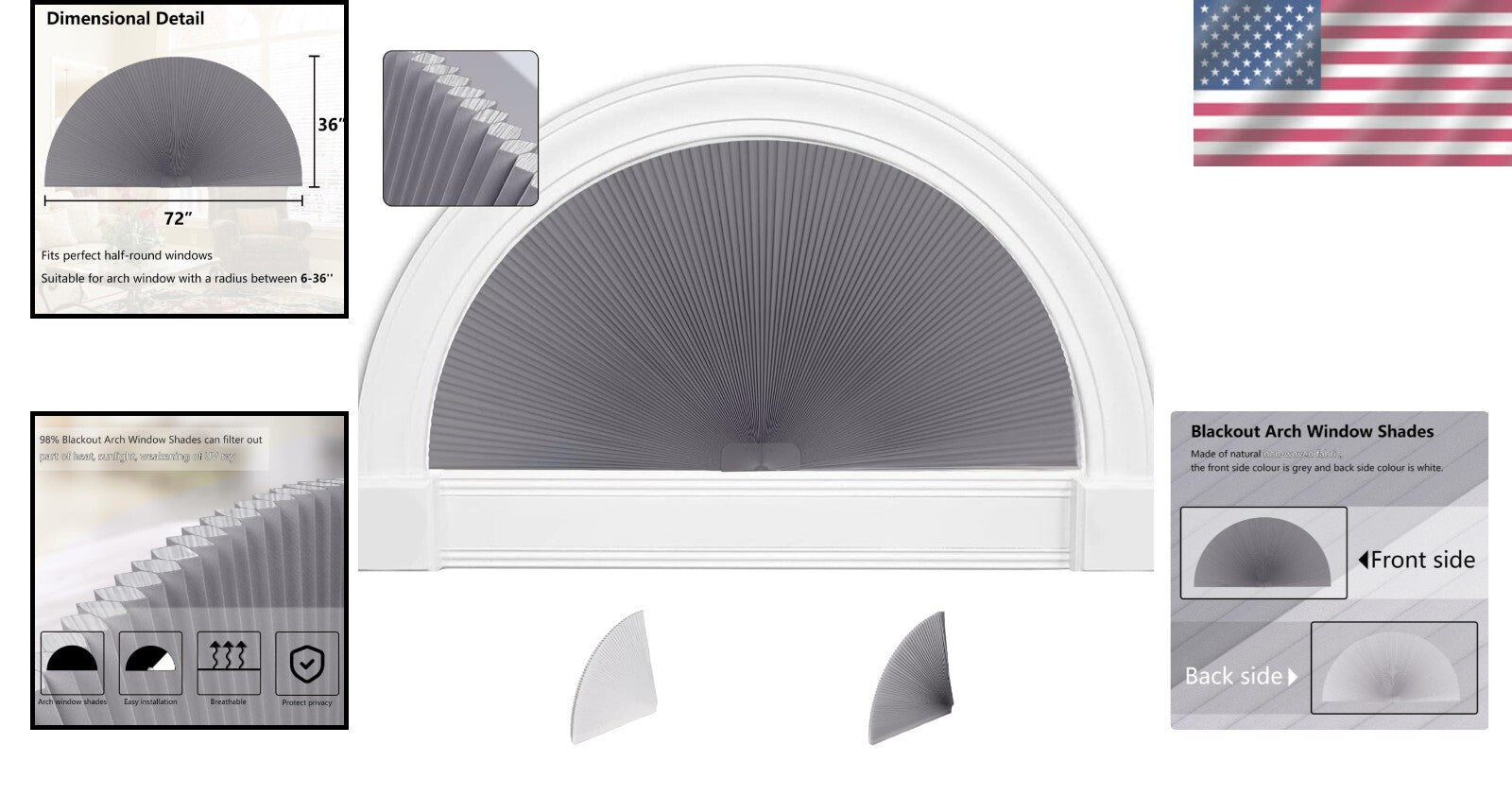 Customizable Half-Round Blackout Pleated Shades for Arch Windows - Dark Gray