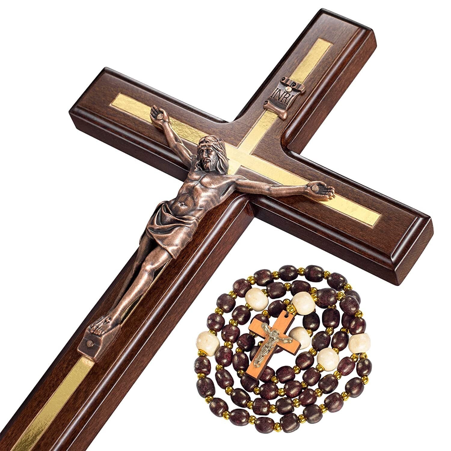12-Inch Elegant Crucifix Wall Cross - Solid Hardwood with Copper Jesus & Rosary
