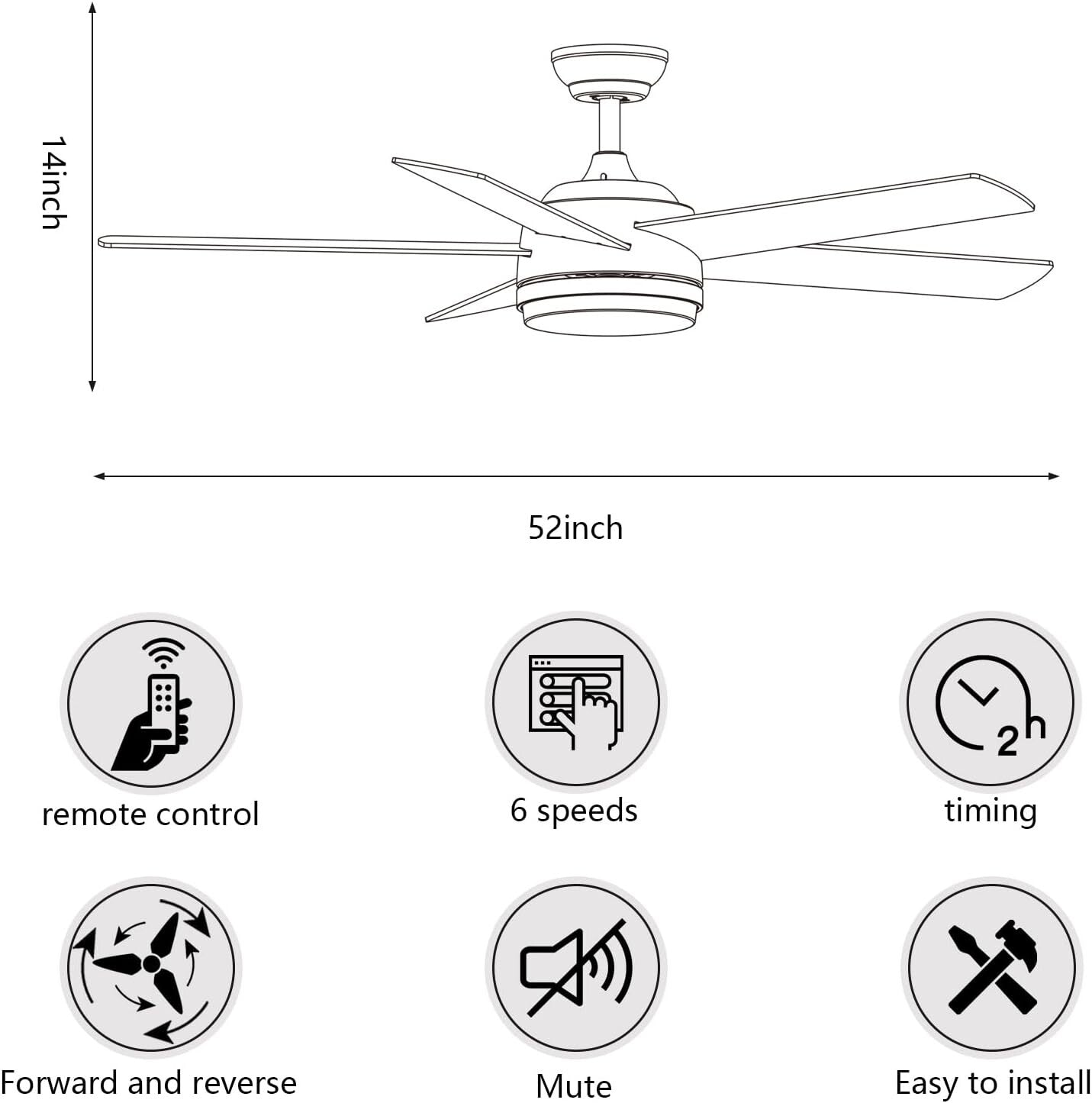 52-Inch Adjustable Ceiling Fan LED Light, 3 Color Temperatures & Remote Control