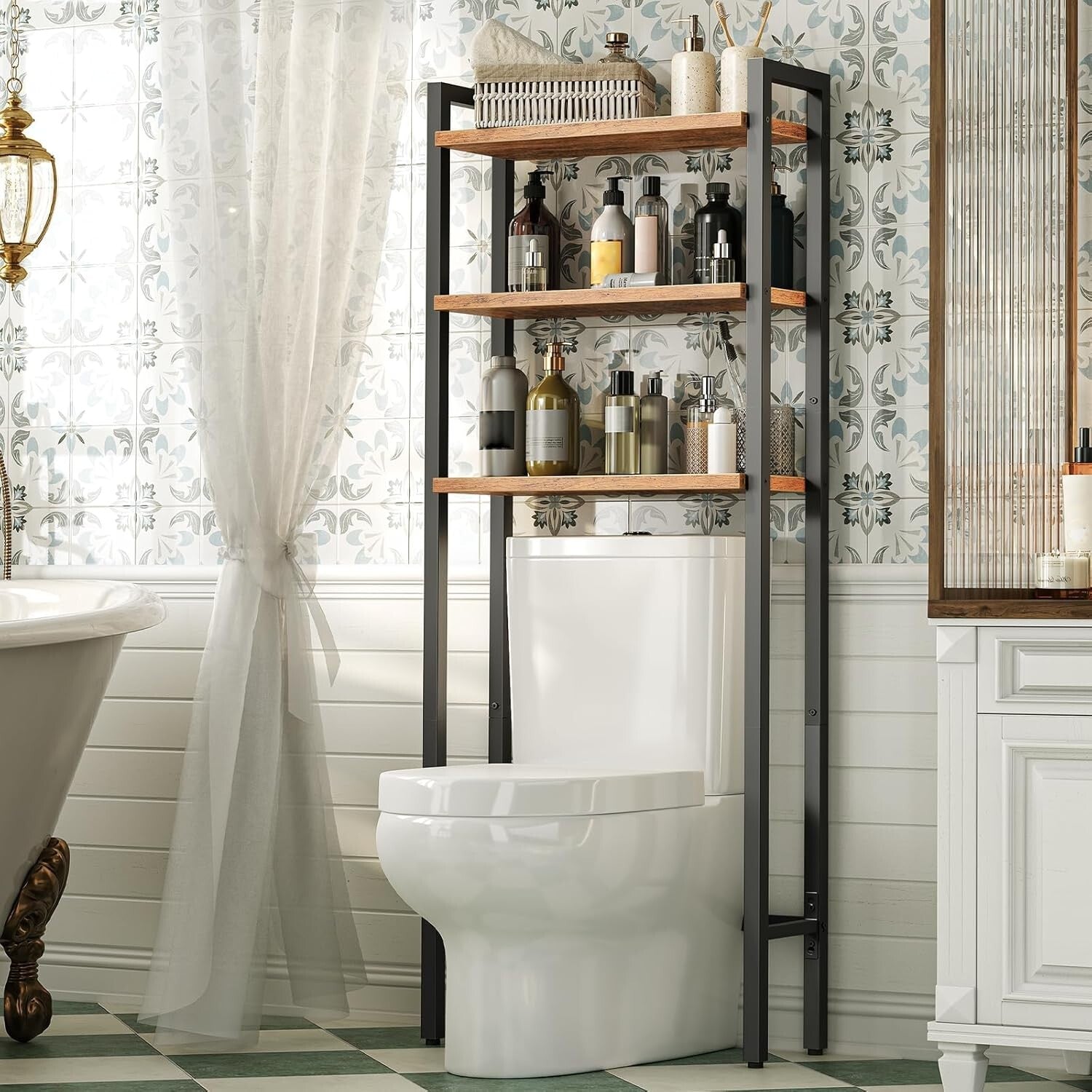 3-Tier Over Toilet Bathroom Organizer - Rustic Space Saver with Adjustable Feet