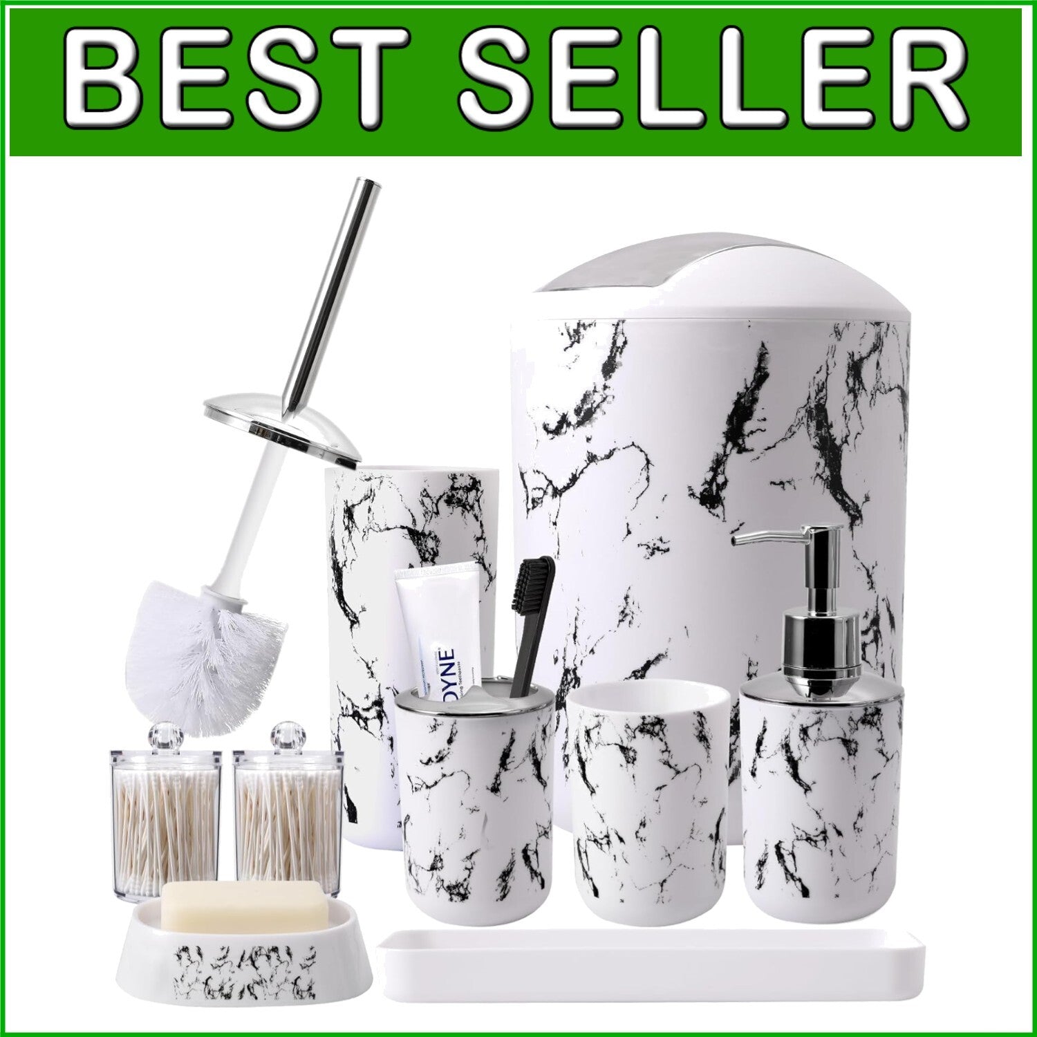 Complete White Marble Bathroom Collection - Trash Can, Soap Dispenser & More