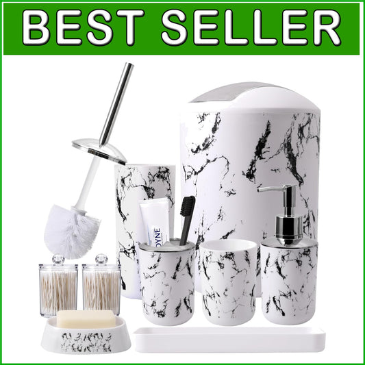Complete White Marble Bathroom Collection - Trash Can, Soap Dispenser & More