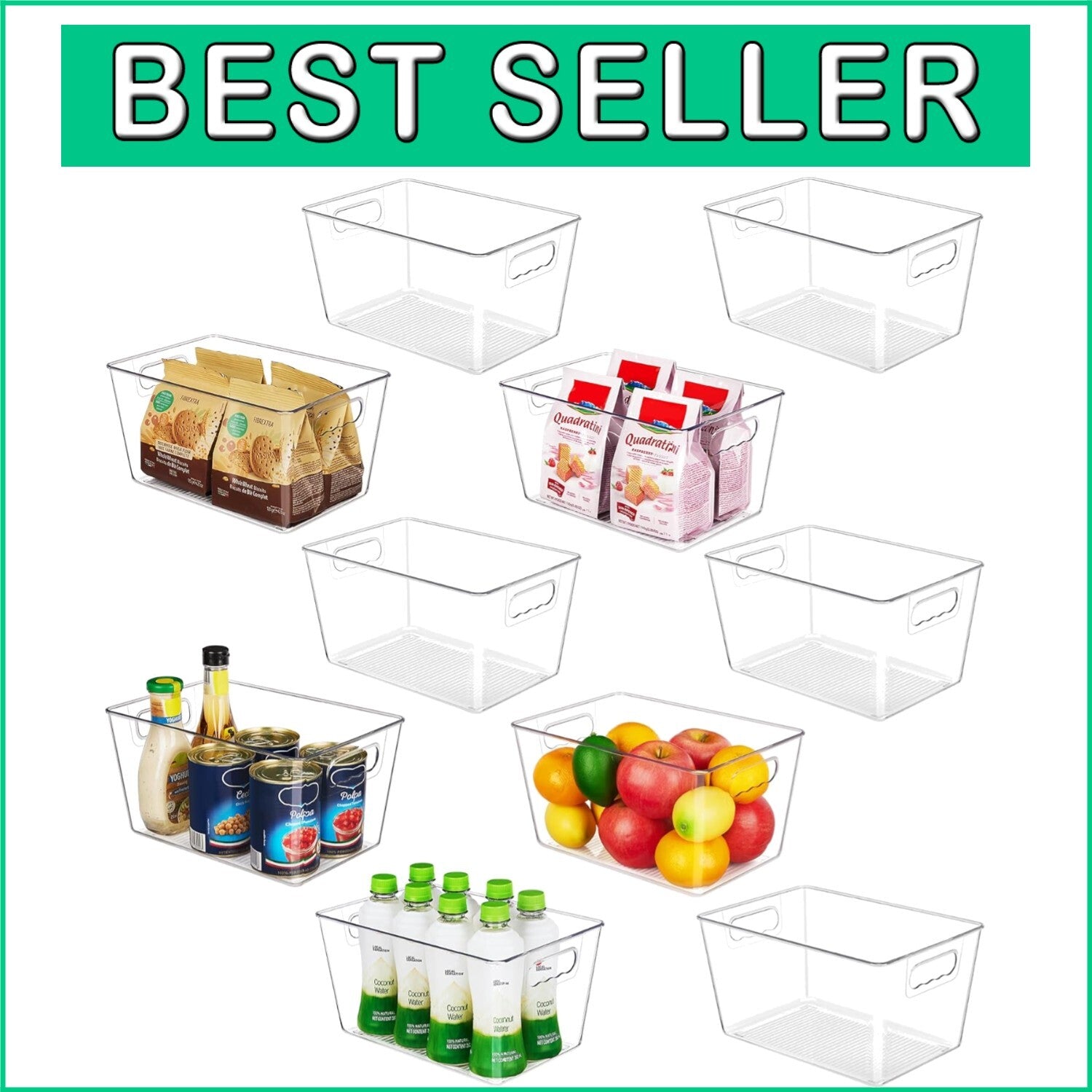 10-Pack Clear Plastic Storage Bins with Handles - Pantry & Kitchen Organizer