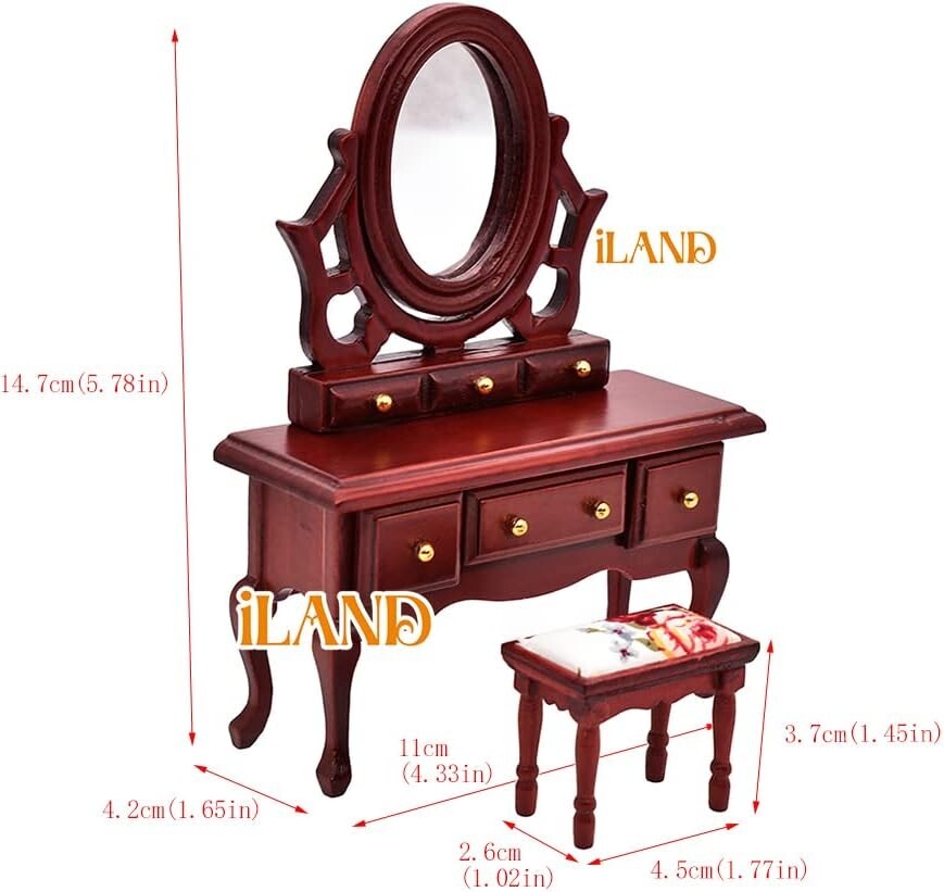 6-Piece Mahogany Dollhouse Furniture Set - Includes Bed, Wardrobe & More