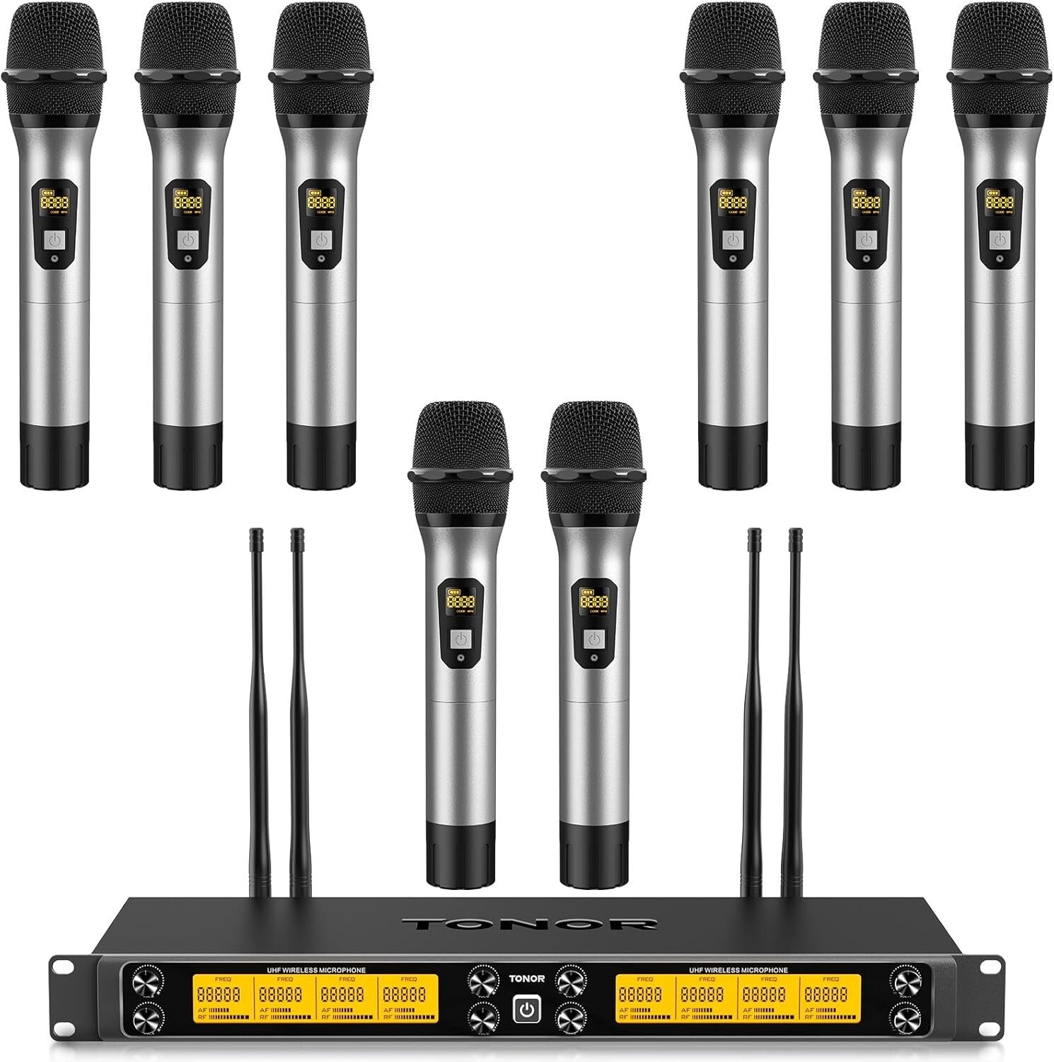 Durable UHF Wireless Mic System - 12 Channels, 8 Handheld Mics, Mute Function