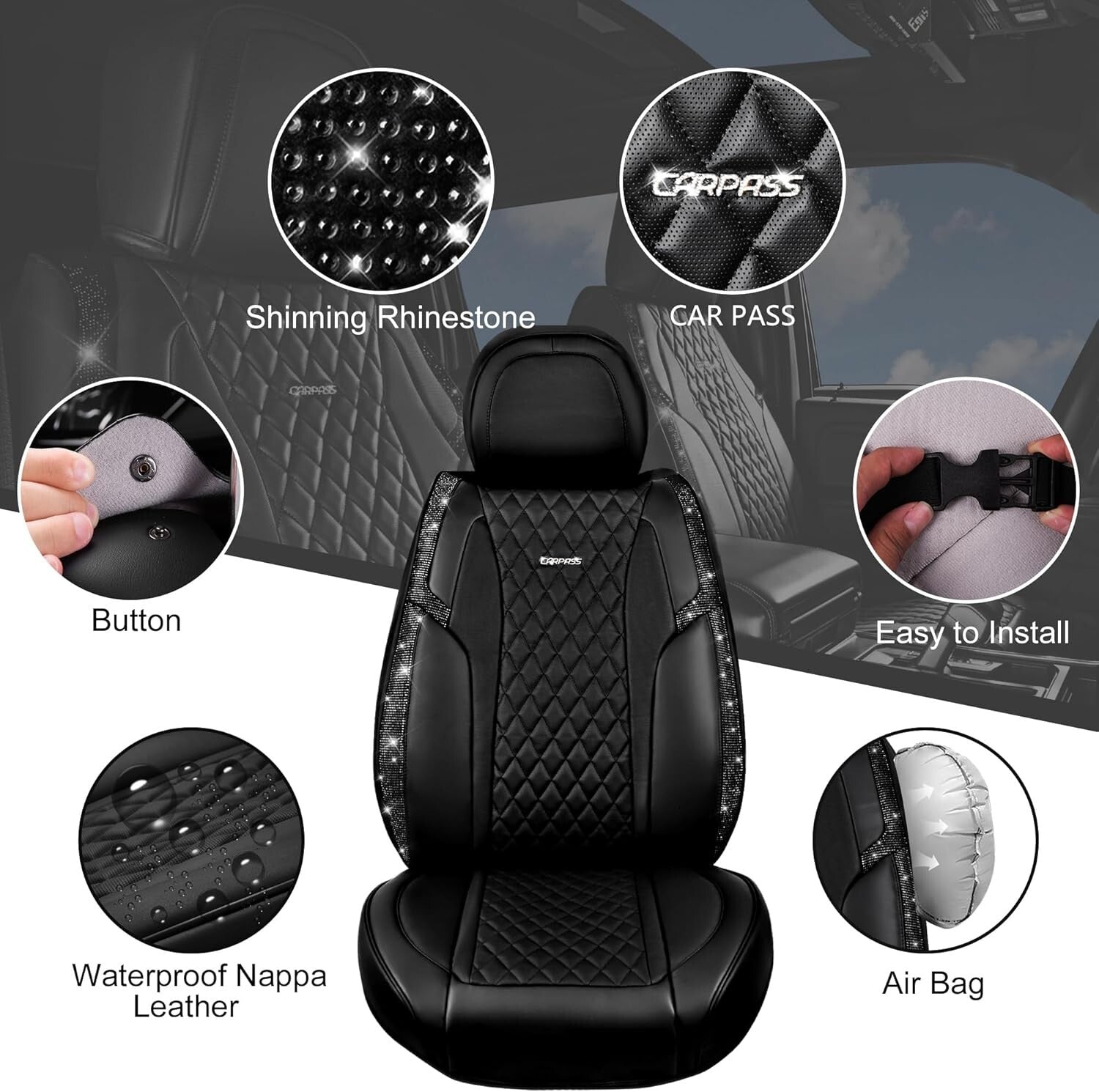 Elegant Black Diamond Seat Covers with Anti-Slip Design - Easy 20-Minute Install