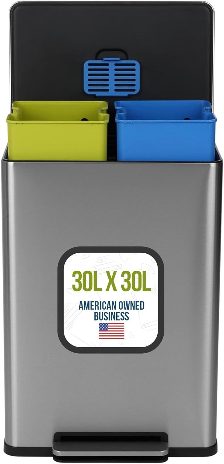 Polished 16 Gallon Rectangular Recycling Bin with Soft-Close and Odor Control