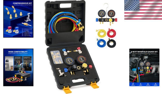 Professional AC Gauge Set: Color-Coded Hoses, Quick Couplers, Moisture Indicator