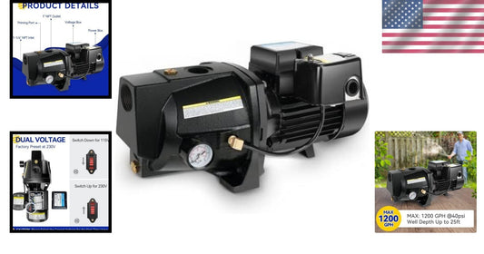 Durable 1HP Cast Iron Shallow Well Pump with 180ft Lift & Auto Pressure Switch