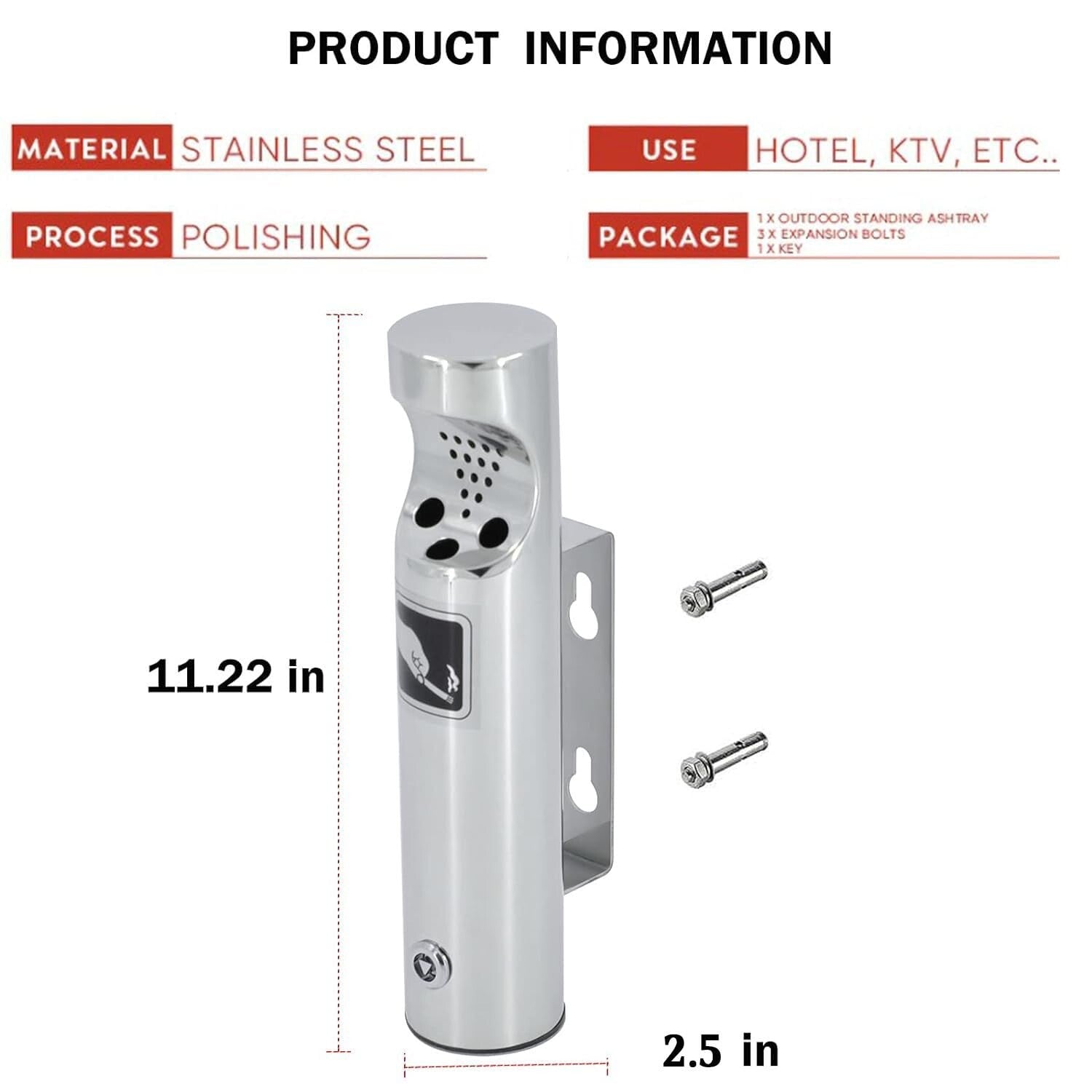 Durable Outdoor Stainless Steel Wall-Mounted Ashtray - 2 Pack, 11in Height