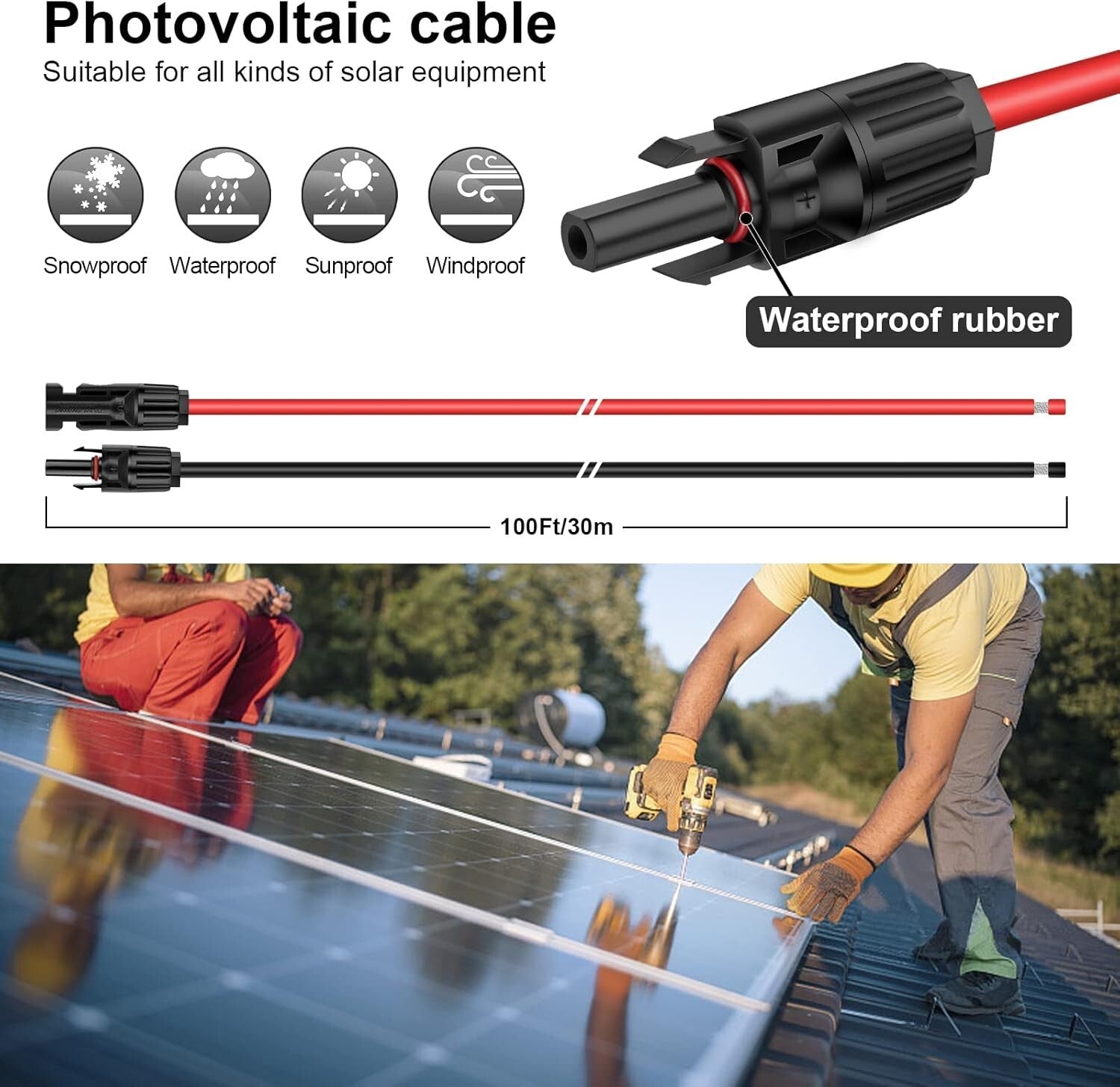 100 Feet 10AWG Solar Panel Extension Cable - Durable & Waterproof Outdoor Use